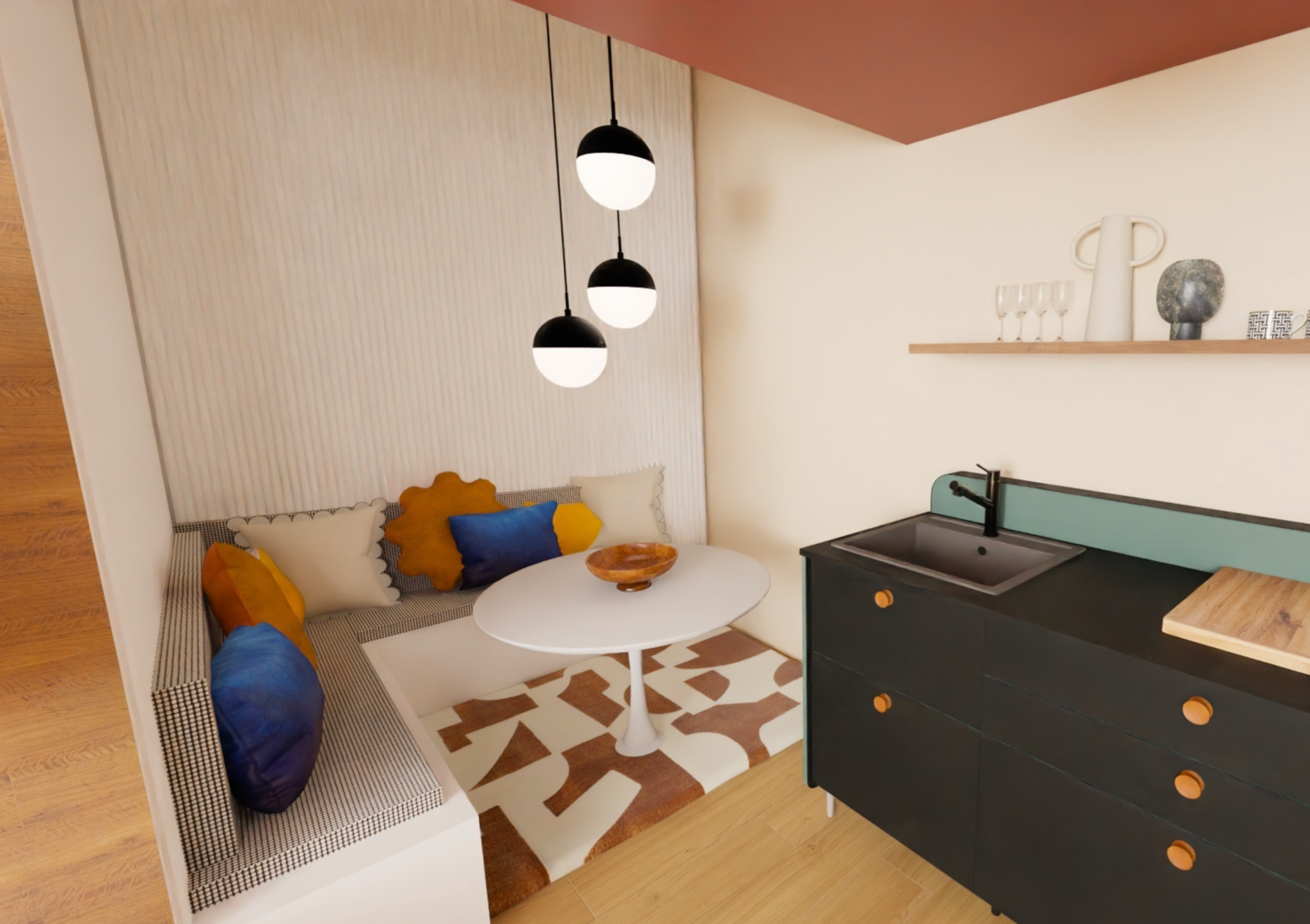 Projection 3D du coin repas et de la cuisine d’un studio avec mezzanine impasse du Commerce à Nantes